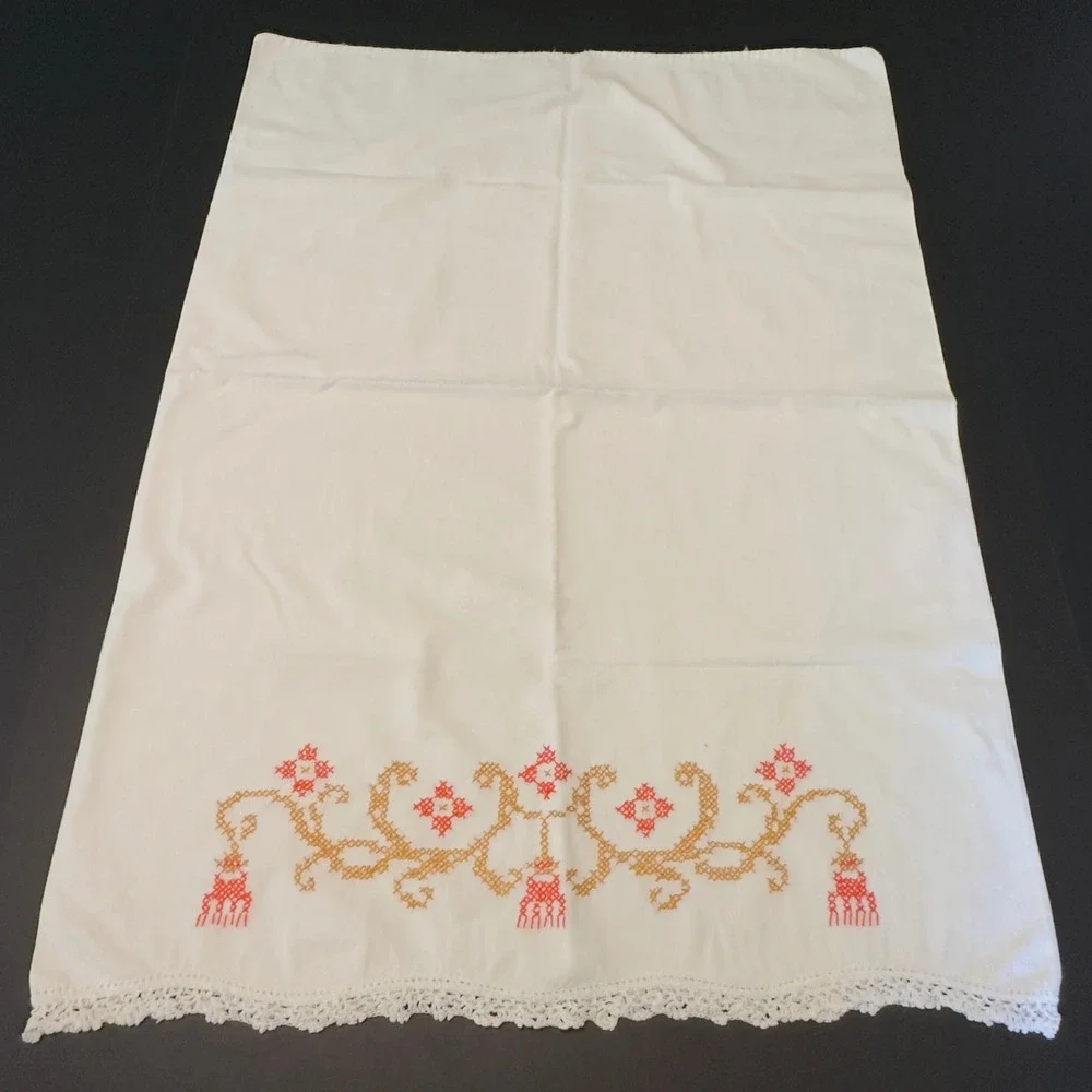 Vintage Pillowcase White Handmade Orange Embroidered Cross Stitch Lace Cottage